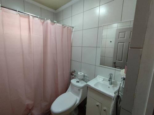 baño con cortina de ducha rosa y lavamanos en Quinta el Rosal en Parral