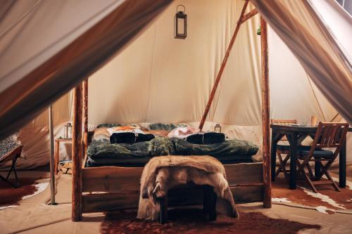 ein Schlafzimmer mit einem Bett in einem Zelt in der Unterkunft Vristulvens äventyrscenter in Mariestad