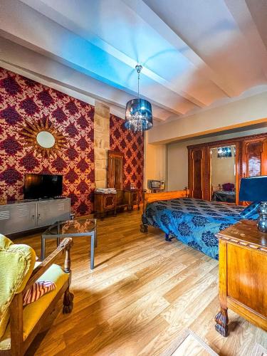 a large bedroom with a bed and a tv at VTAR Casa las Tinajas in Baeza