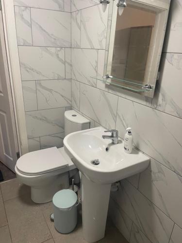 a white bathroom with a toilet and a sink at Apple Barn Guest House in Wisbech