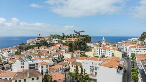 a view of a city with houses and the ocean at Village Lobos Flat in Câmara de Lobos
