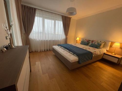 - une chambre avec un lit et une grande fenêtre dans l'établissement Sunny house, à Suceava