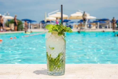 a drink with a plant in it next to a pool at Hotel Airone isola d'Elba in Portoferraio