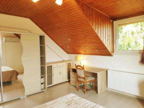 貝凱什喬包的住宿－Karolina Apartment，一间卧室配有一张床、一张书桌和一个窗户。