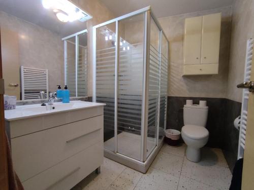 a bathroom with a shower and a toilet and a sink at Descanso, aire sano y buenos asados in Barahona