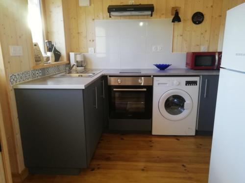 une cuisine avec un évier et une machine à laver dans l'établissement le chalet, à Pommeret