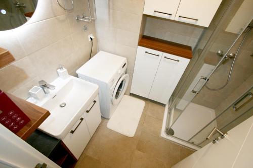 a bathroom with a sink and a washing machine at Apartment Lara in Belgrade