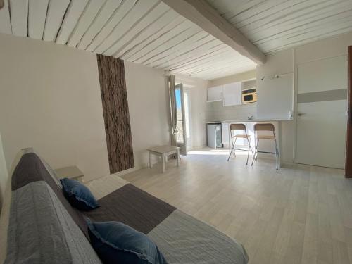 un salon avec un canapé et une cuisine dans l'établissement Studio 2 personnes vue marais salant parking et terrasse proche commodité, à Hyères