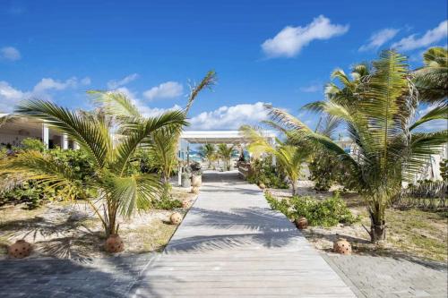 a walkway in front of a house with palm trees at Top floor unit 520 ft2 - 48 m2 with stunning dominant view on ocean, St Barth, Orient Bay in Cul de Sac