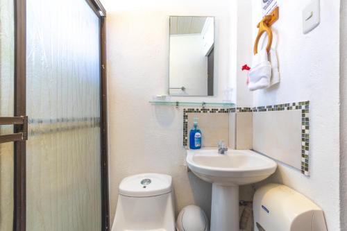 a bathroom with a sink and a toilet and a mirror at Hotel Villas de la Selva in Manuel Antonio