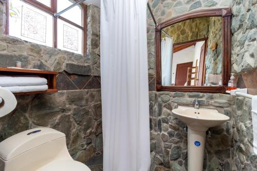 Baño de piedra con aseo y lavamanos en Napolitano Apart Hotel, en Baños