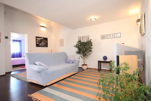 ein Wohnzimmer mit einem weißen Stuhl und einem Teppich in der Unterkunft Apartments for families with children Zdrelac, Pasman - 8424 in Ždrelac