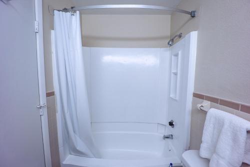 ein Bad mit einer Dusche, einem Fenster und einem WC in der Unterkunft Venture on Country Club in Mesa