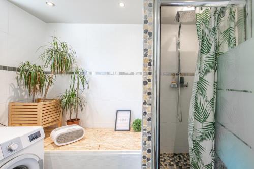 ein Badezimmer mit einer Waschmaschine und Topfpflanzen in der Unterkunft Villa 20 min de Paris avec spa, piscine chauffée et club in Gagny