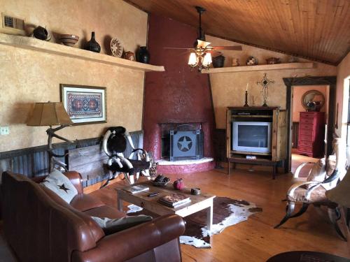 ein Wohnzimmer mit einem Sofa und einem TV in der Unterkunft Antler Mountain House in Tarpley