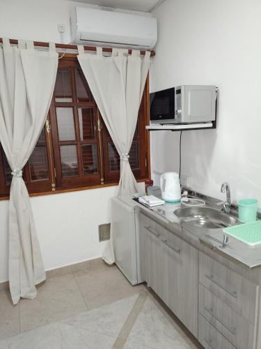 a kitchen with a sink and a microwave at Albajunin in Junín