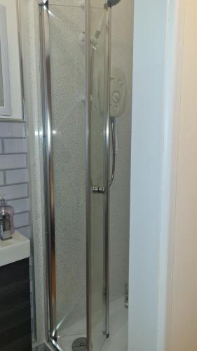 una ducha con puerta de cristal en un baño en Stunning 1 bed flat in Newport-F3, en Newport