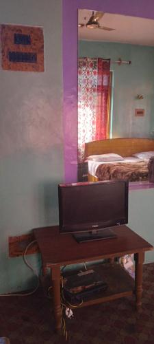 a living room with a television and a bed at Queen Palace guest house in Srinagar