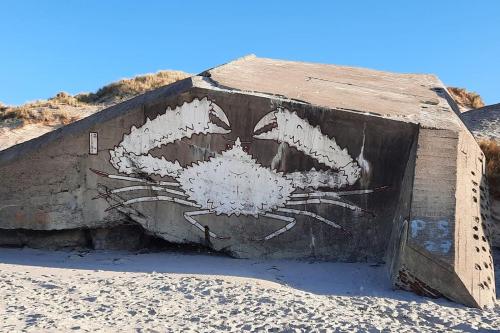 a wall with a spider painted on it on the beach at L'art de l'eau PLage ,Studio en résidence privée. in Neufchâtel-Hardelot