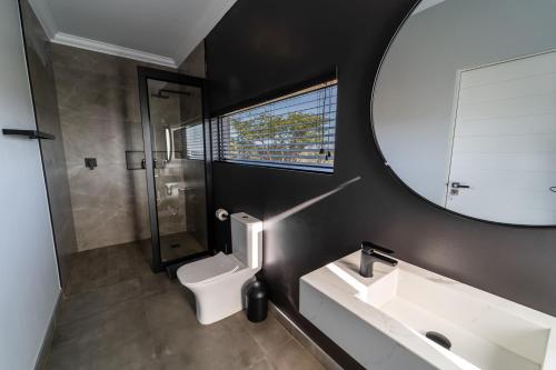 a bathroom with a toilet and a sink and a mirror at Leeuwkop Hunting Safaris in Kimberley