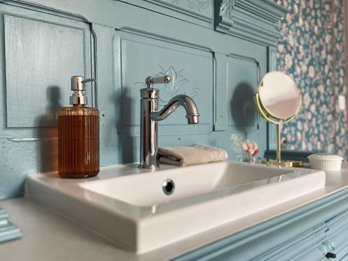 a bathroom sink with a soap dispenser on it at Domaine de Bonneuil in Bonneuil-les-Eaux