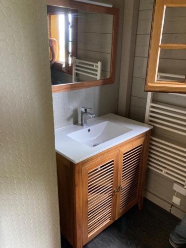 ein Bad mit einem Waschbecken und einem Spiegel in der Unterkunft CHALET 6 PERSONNES SUR PISTE in Boutx