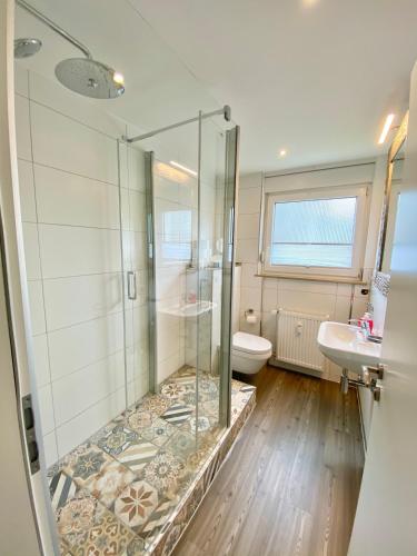 a bathroom with a shower and a toilet and a sink at Willinger Perle 69 in Willingen