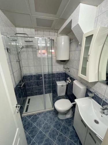 e bagno con doccia, servizi igienici e lavandino. di Lux Apartman Cvetkovic a Kraljevo