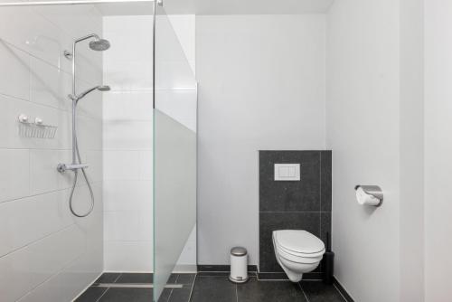 a bathroom with a shower and a toilet at Hotel Kasteelhof 'T Hooghe in Ypres