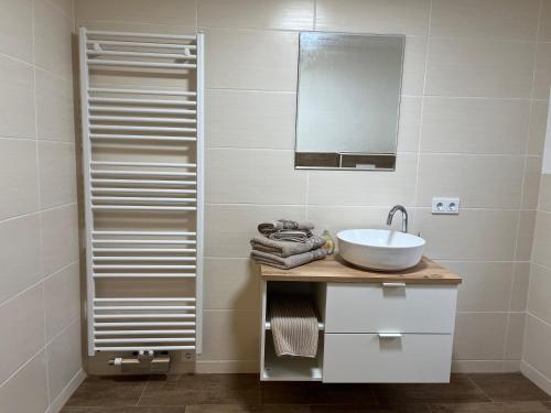 ein Bad mit einem Waschbecken und einem Spiegel in der Unterkunft Kahnstübchen in Lübben