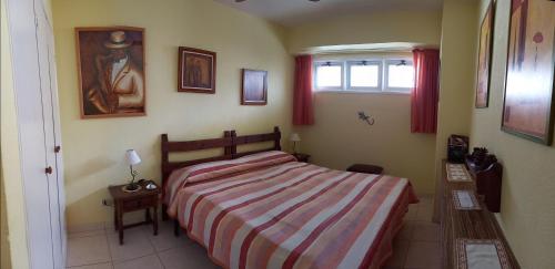 um quarto com uma cama com uma colcha listrada e uma janela em Apartamento Osos em Puerto de Santiago