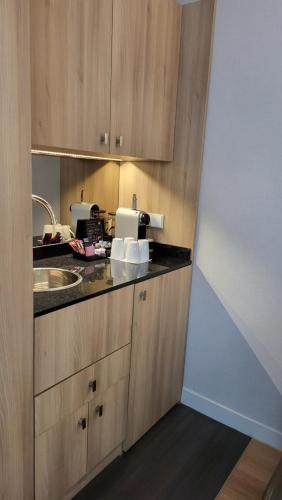 a kitchen with wooden cabinets and a sink at Magda Champs Elysées in Paris