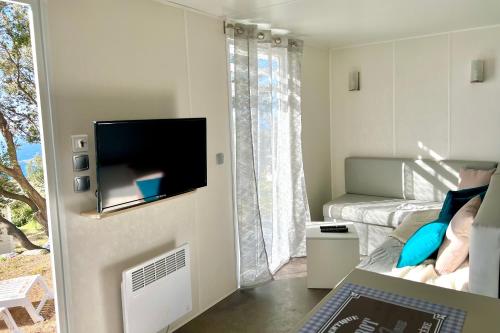una pequeña sala de estar con TV y sofá en Roccapina, en Lumio
