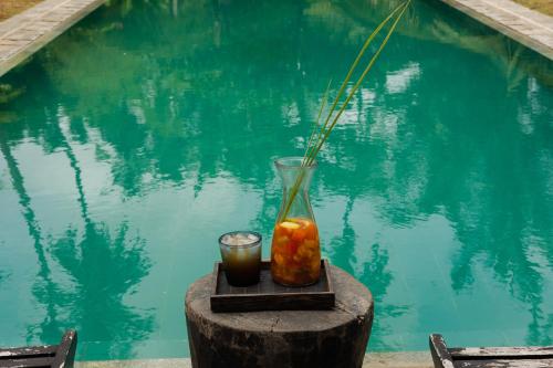 a glass vase and a drink next to a swimming pool at Luna Laguna in Kalpitiya