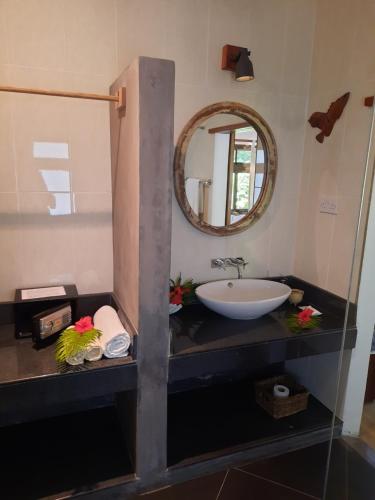 a bathroom with a sink and a mirror at Domaine Les Rochers in La Digue