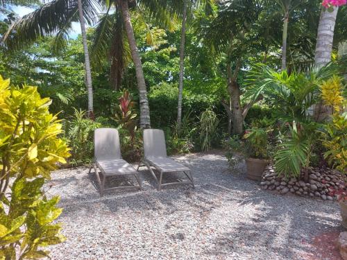 two chairs sitting in a garden with palm trees at Domaine Les Rochers in La Digue