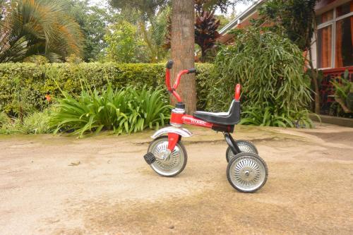a red and black tricycle parked next to a tree at Isange Paradise Resort in Ruhengeri