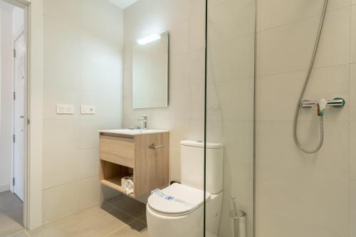 a bathroom with a shower and a toilet and a sink at Edificio Santiago by Plaza Mayor Apartamentos in Valladolid