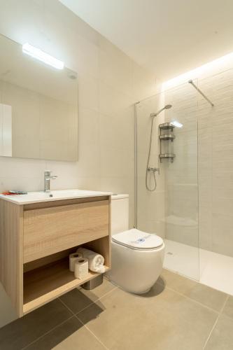 a bathroom with a toilet and a sink and a shower at Edificio Santiago by Plaza Mayor Apartamentos in Valladolid
