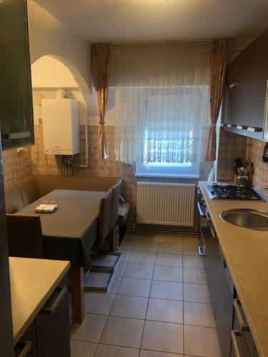 una piccola cucina con tavolo e lavandino di Alessia Apartments a Rîşnov