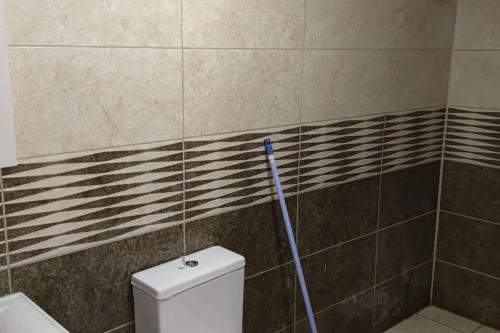 La salle de bains est pourvue de toilettes et d'une serpillière. dans l'établissement Midtown Hotel Apartments 202(0+1), à Istanbul