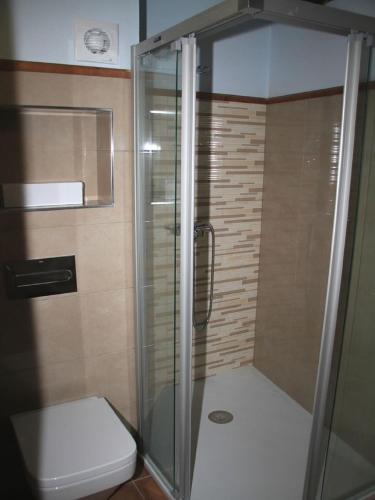 a shower with a glass door next to a toilet at Ca de Costa in El Pont de Suert