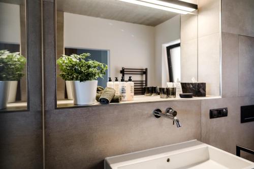 a bathroom with a sink and a mirror at Sommers "Schöne Aussicht", Adults only in Reichenbach im Vogtland