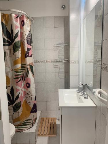 a bathroom with a sink and a shower curtain at Departamento Temporario calle Pico 1 in Santa Rosa