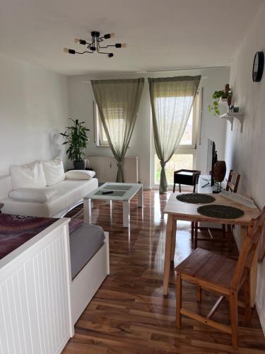 ein Wohnzimmer mit einem Sofa und einem Tisch in der Unterkunft Good living in Schwetzingen