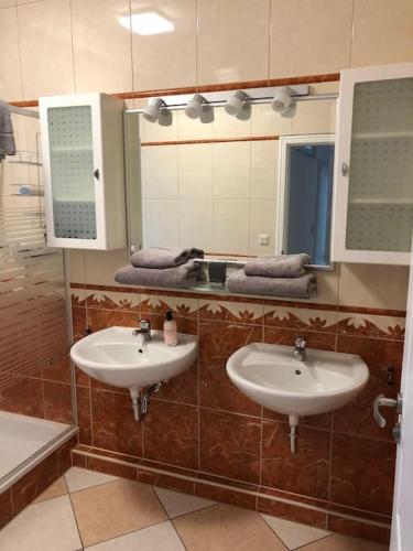 a bathroom with two sinks and a mirror at Apartmenthaus Am Bahnhof in Detmold