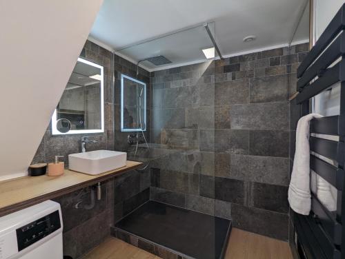 une salle de bain avec un lavabo et un miroir dans l'établissement Gîte La filature, à Saint-Quentin