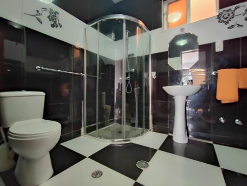 a bathroom with a shower and a toilet and a sink at Estrela do Mar - Beachfront in Vila do Maio