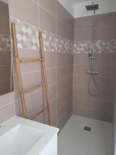 y baño con ducha y escalera de madera. en Gîte les gentianes Fleurs des Pyrénées en Argelès-Gazost