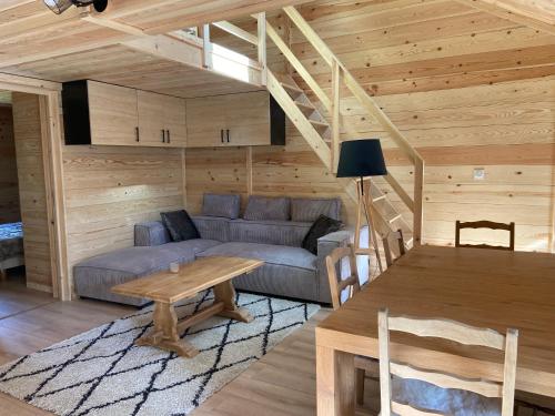 un salon avec un canapé et une table dans l'établissement Magnifique T3, en plein centre du village, à Formiguères